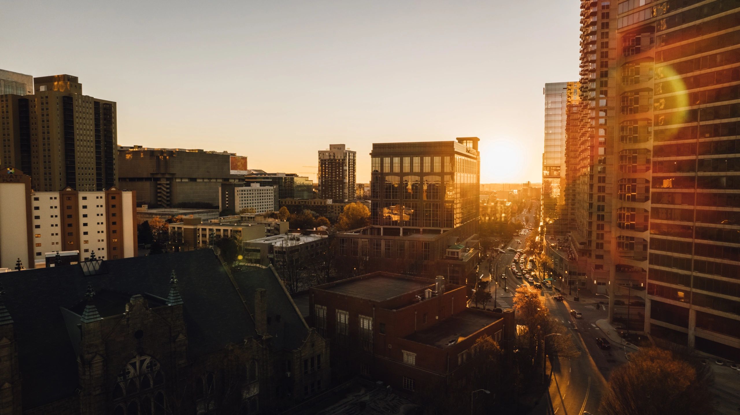 City skyline with sunrise light